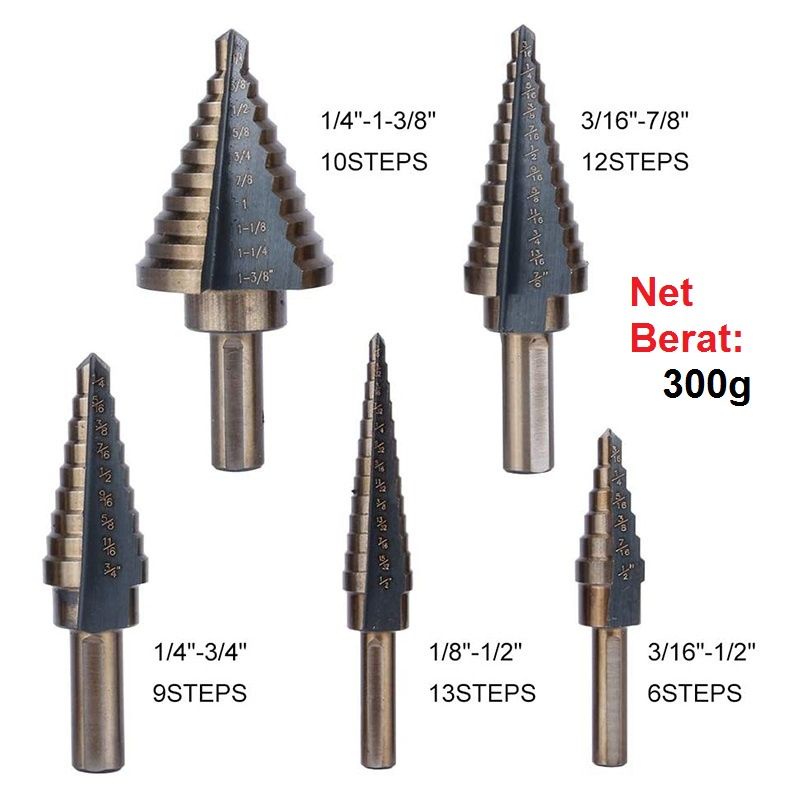 5 / 3 Pcs Mata Bor Pagoda HSS Cobalt Multiple Spiral Step Cone Drill Down Titanium Besi Plastik Kayu