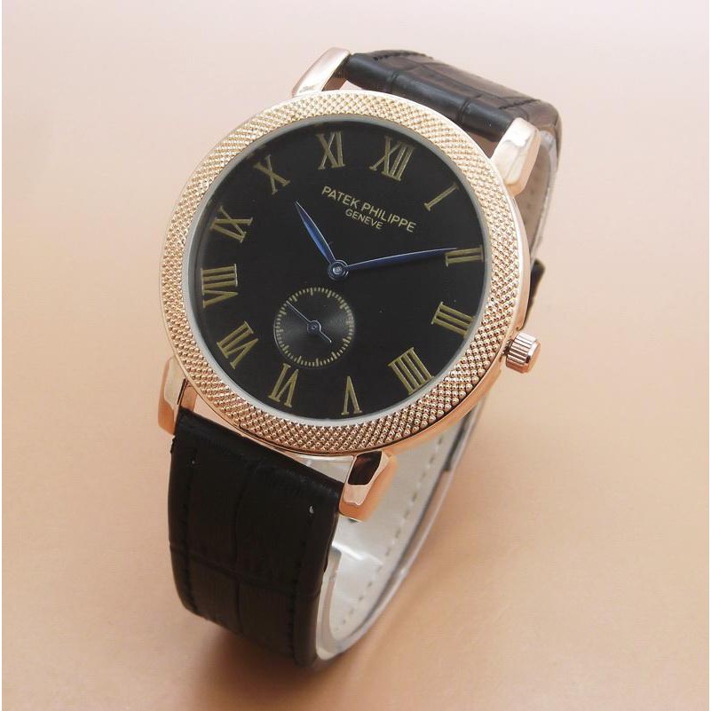 Jam Tangan Pria Wanita Patek Philippe Unisex Leather Black Rosegold plat Black Patek Philipe Chron