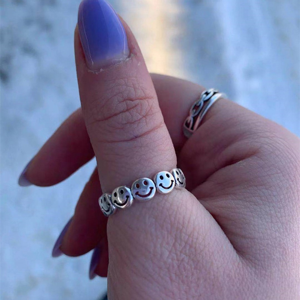 MXBEAUTY Friend Gifts Happy Finger Ring Personalized Fashion Accessories Smiling Face Rings Open Rings Punk Hip Hop Men Women Ancient Silver Color Adjustable Vintage Party Jewelry