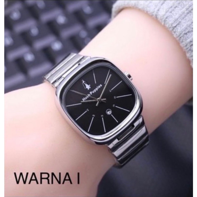 (GOOD QUALITY) Jam Tangan Wanita/Cewek Hush Puppies Segi Full Stainless Tanggal Aktif-I (SILVER-BLACK)