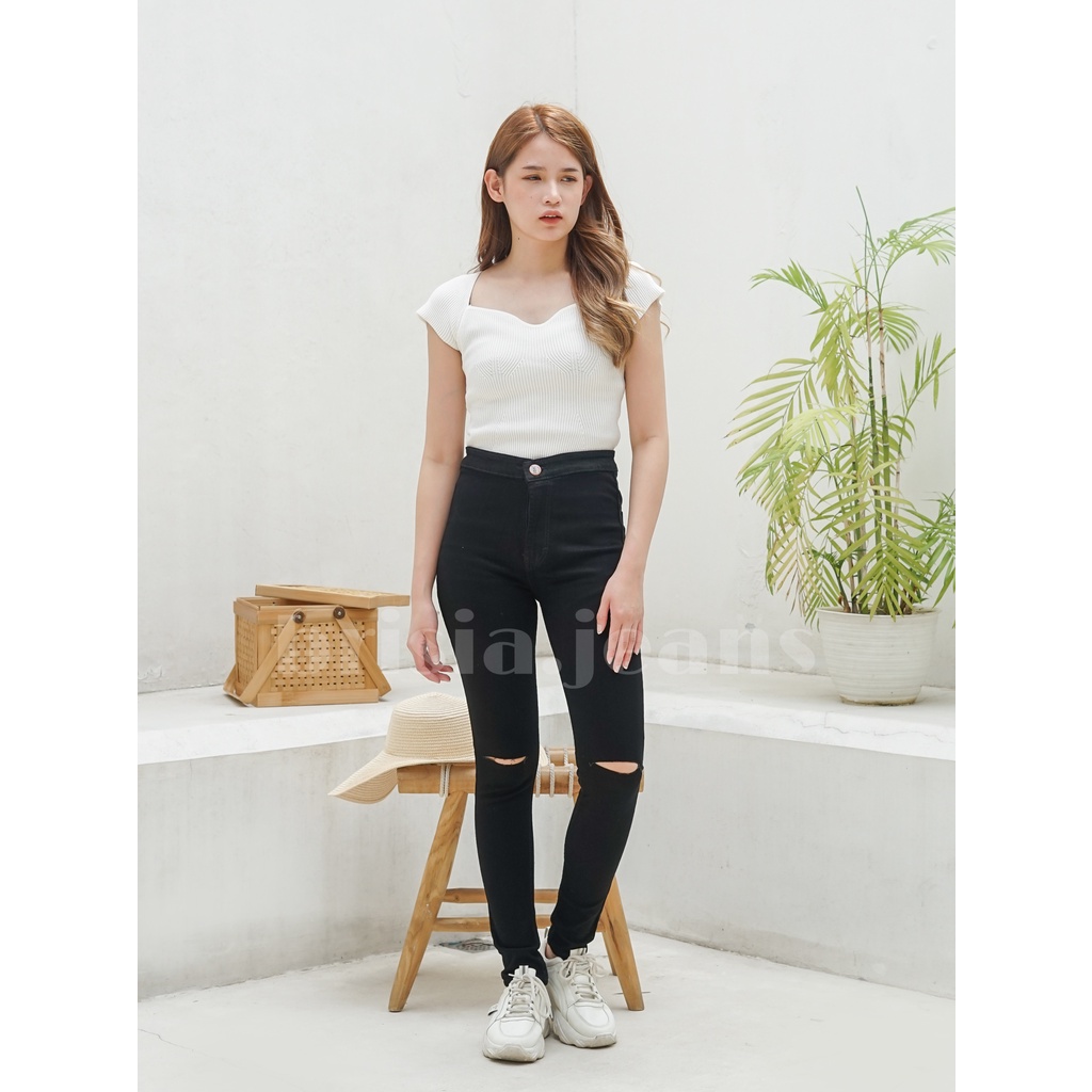 [SIZE 27-38] ROSE Highwaist Jeans Ripped - Black / HW Jeans Bigsize Sobek Lutut Silet