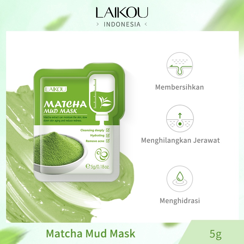 LAIKOU Mud Mask Matcha Membersihkan Mengontrol Minyak Mengurangi Jerawat Komedo 1pc