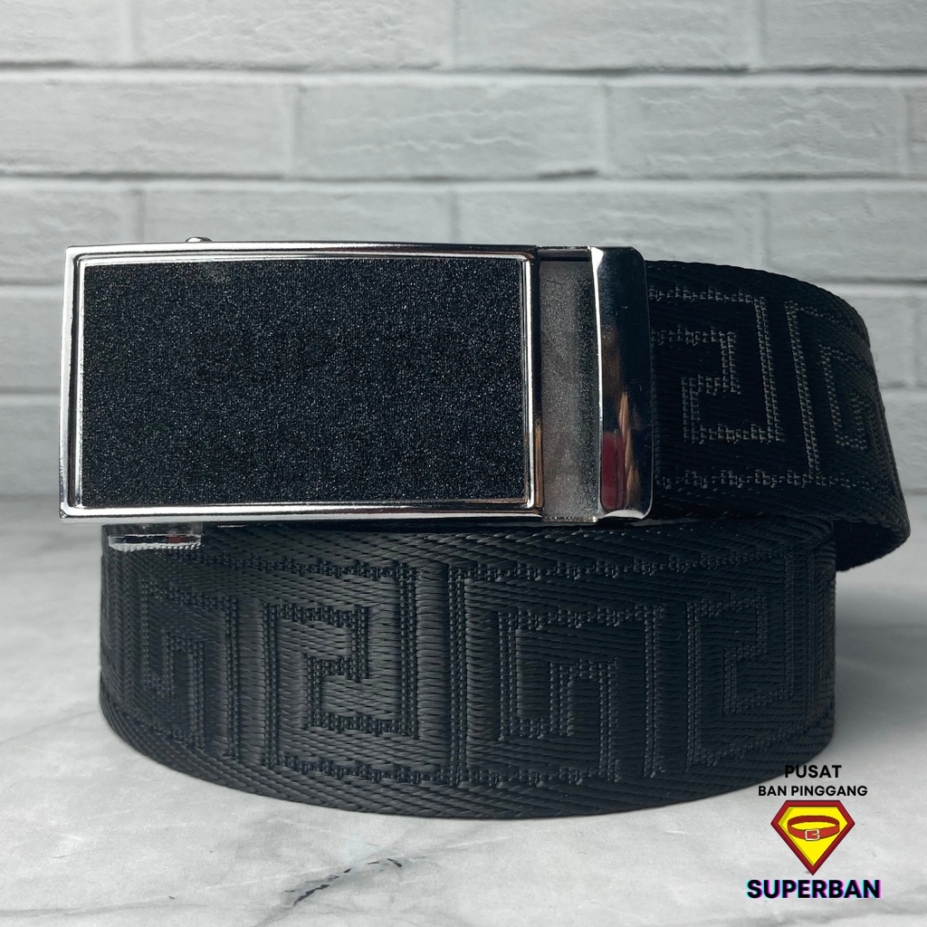 SABUK GESPER FORMAL PREMIUM AUTOMATIC BUCKLE SILVER HITAM LUXURY CANVAS NYLON MOTIF MEWAH - SUPERBAN