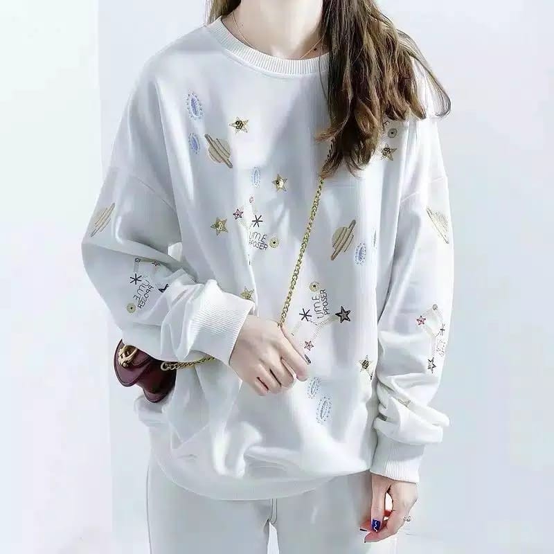 Sweater Crewneck Galaxy Star - Allsize - Bahan FLeece - Wanita Dan Pria