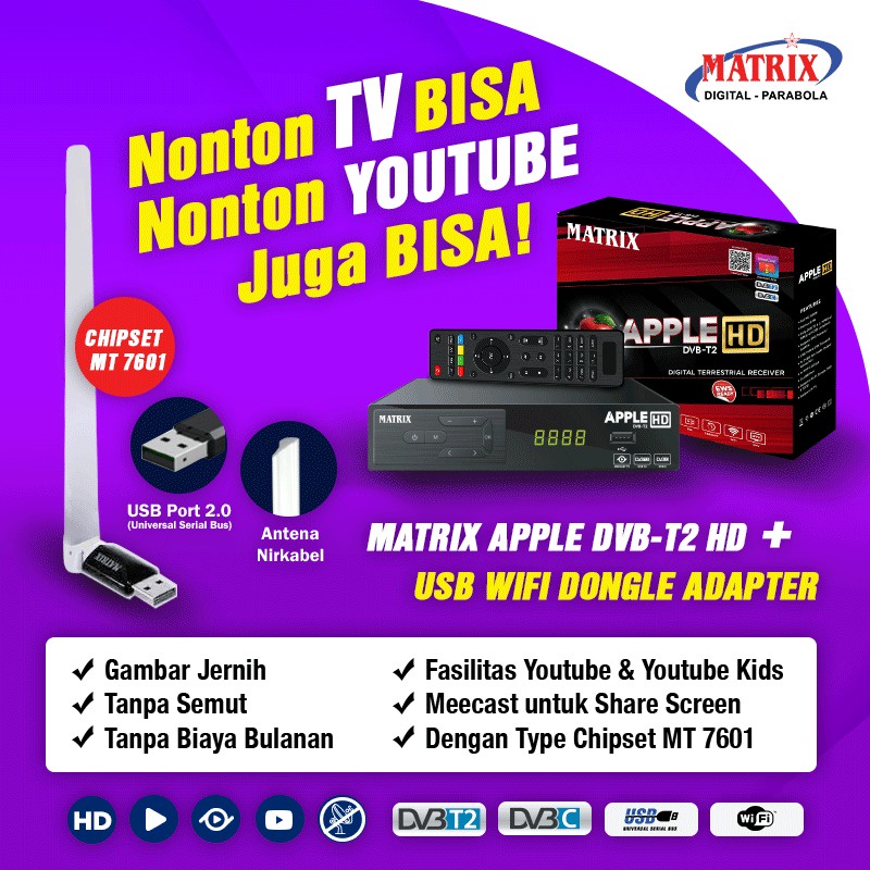 PAKET Set Top Box DVB-T2 Matrix Apple + Dongle USB WIFI - Siaran Digital Full HD Bisa Youtube