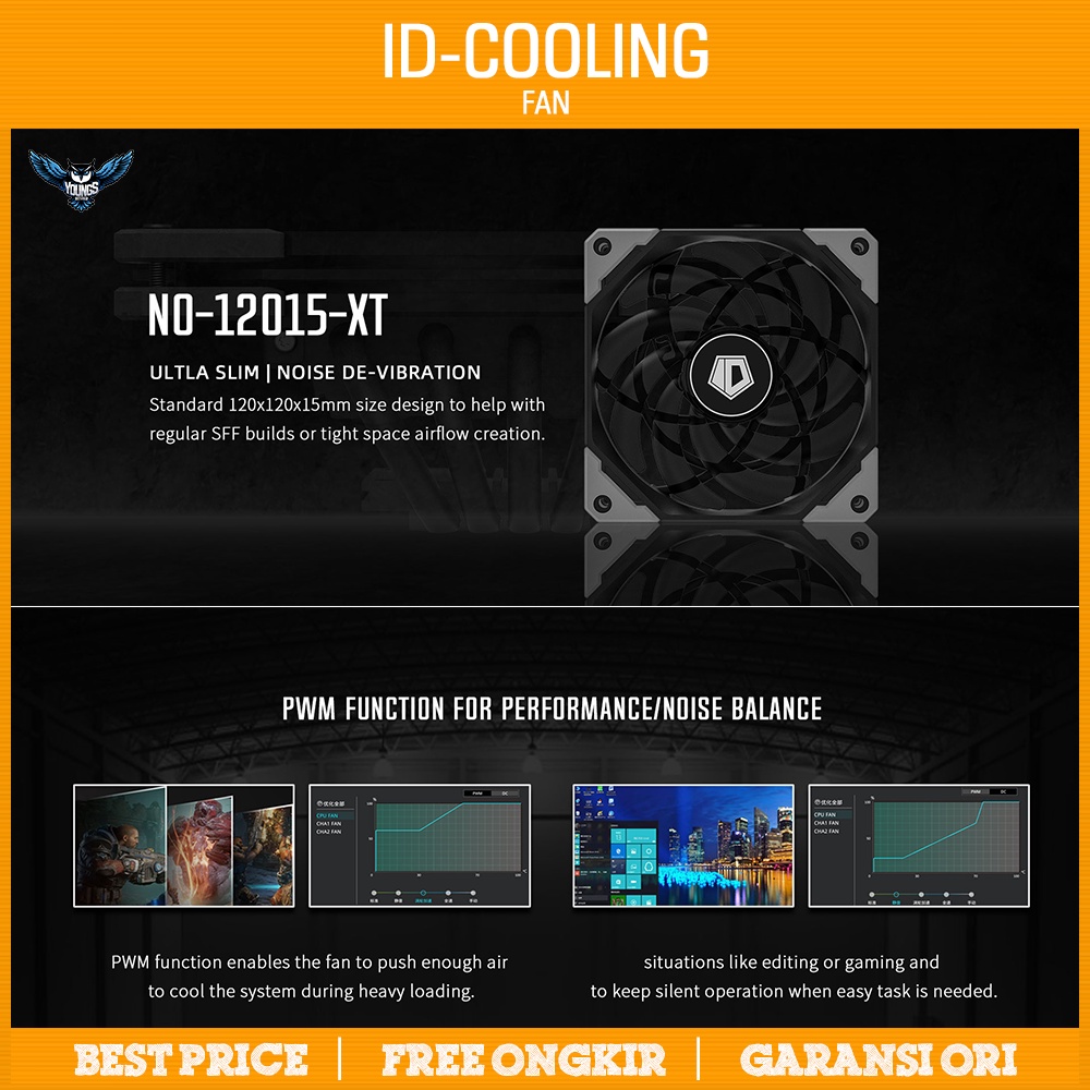 ID-Cooling NO-12015-XT | 120mm Slim PWM Fan Kipas Casing Black Non LED