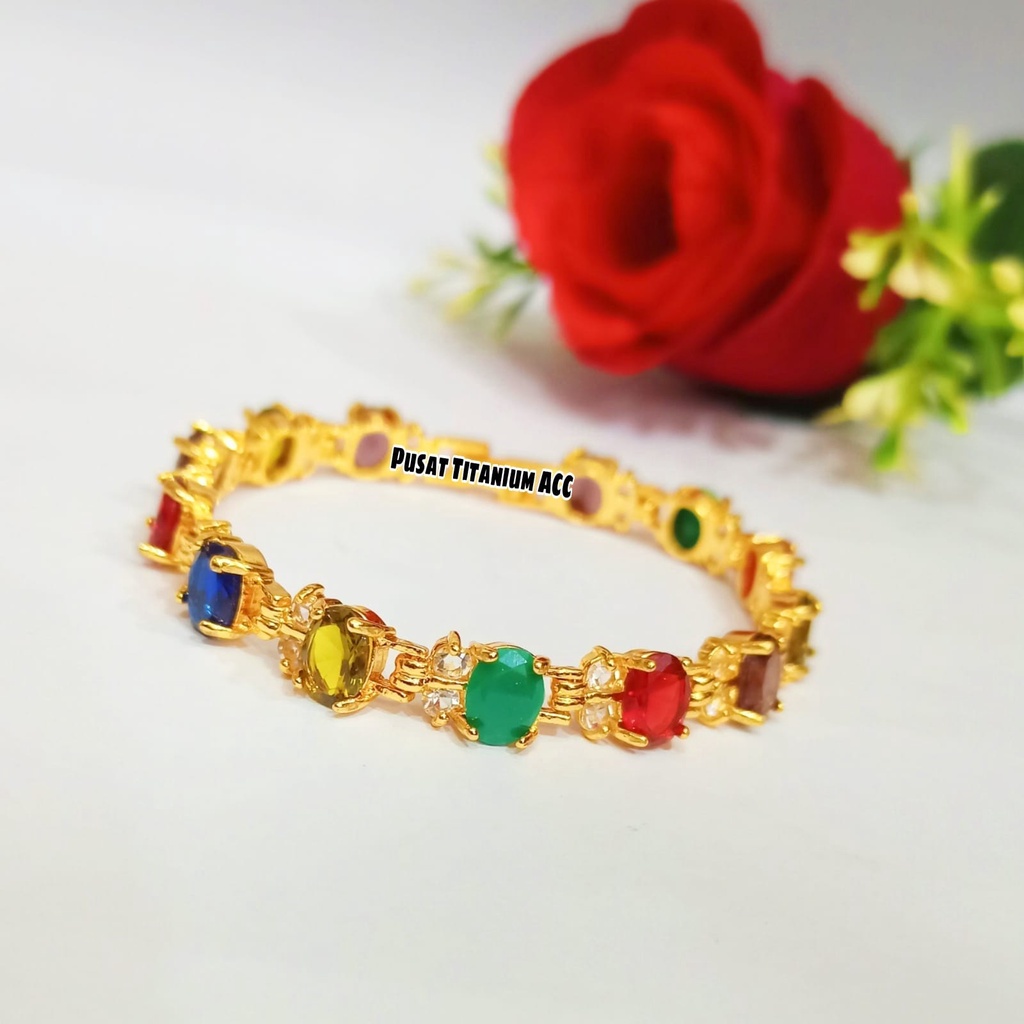 GELANG TITANIUM KRISTAL PELANGI LOGAM EMAS KOREA ANTI LUNTUR & ANTI KARAT-1