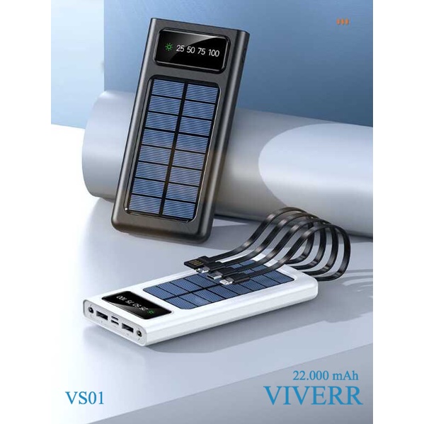 Powerbank VIVERR Solar Type VS01 kapasitas 22.000 mAh Bisa mengisi daya lewat Matahari garansi 1 Tahun.