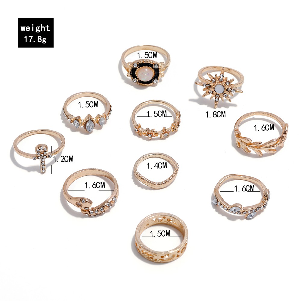 10 pcs Cincin Berlian Gaya Bohemian | Hadiah Perhiasan Wanita Paduan Emas Baru