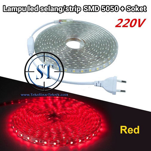 Lampu Led Strip Selang RED SMD 5050 Panjang 1-5 Meter In Ac 220V Warna Merah Cocok Indoor - Outdoor Lampu Hias Taman Plafon Rumah Waterproof