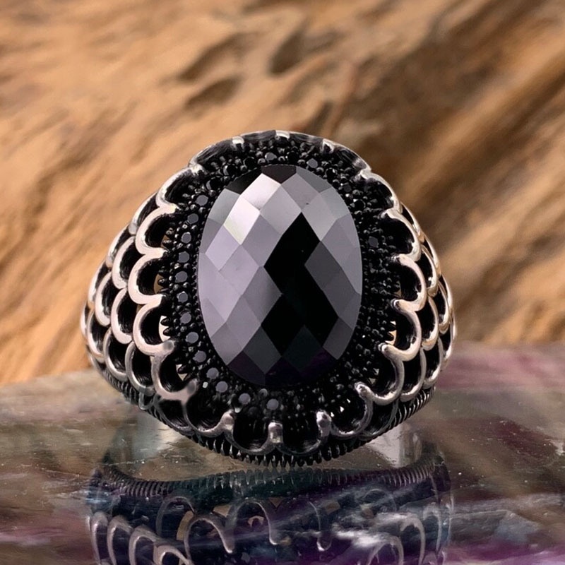 Cincin Silver Titanium Steel Hias Batu Agate Hitamkristalberlian Gaya Vintagepunk Untuk Pria