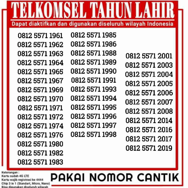NOMER CANTIK SERI TAHUN LAHIR TELKOMSEL MURAH SIAP PAKAI