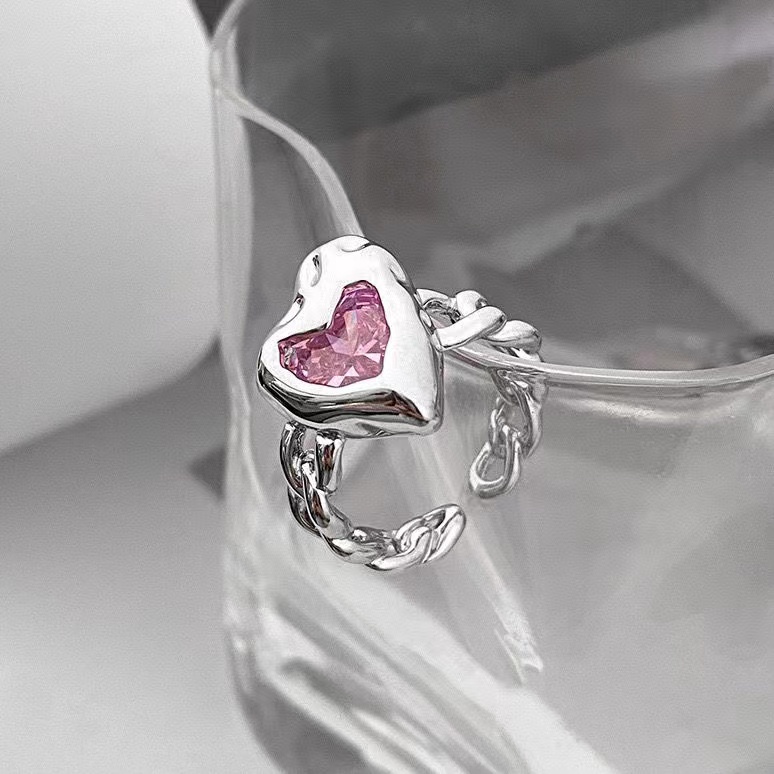 IFYOU Cincin Silver Hias Batu Permata Warna Pink Gaya Korea Untuk Wanita
