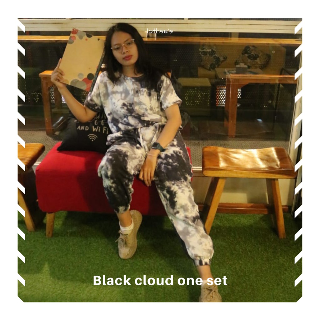 Black cloud one set/setelan wanita lengan pendek/set lengan pendek/set tie dye/tie dye/setelan