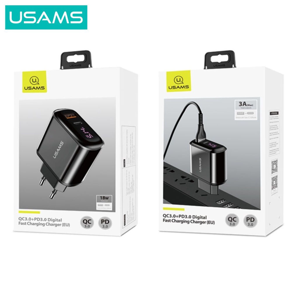 USAMS T23 Adapter Charger QC3.0+PD3.0 18W Digital Display Fast Charge