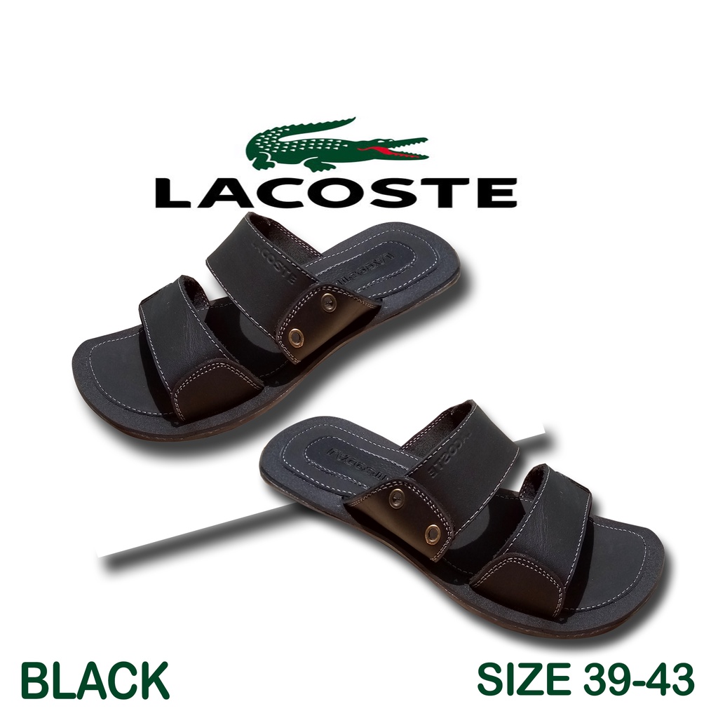 PROMO SANDAL KULIT ASLI PRIA LACOSTE SLIP-ON [ HITAM ] / RAMADHAN SALE SANDAL KULIT ORIGINAL