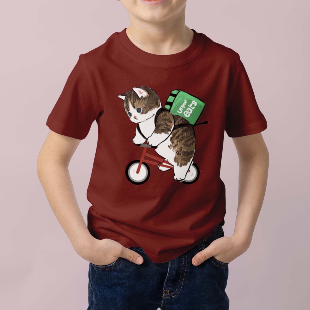 Kaos Anak Cowok Cewek Kucing Bersepeda Cotton Combed 30S