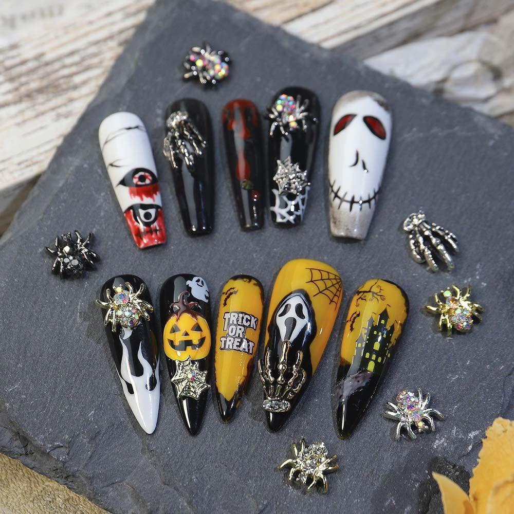 Agustina Halloween Dekorasi Kuku Warna Emas Perak Hantu Tengkorak Tangan Nail Art Perhiasan Manicure Aksesoris