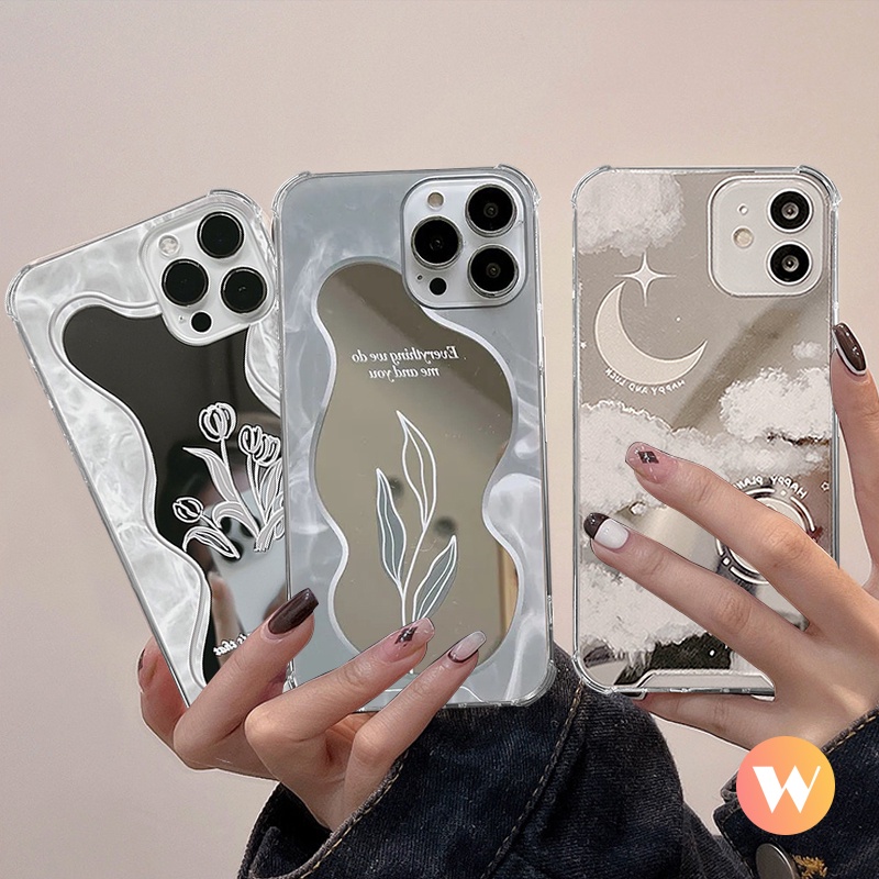 Soft Case TPU Motif Bunga / Bulan / Daun / Cermin Untuk IPhone 13 11 12 Pro Max 7 8 Plus XR X XS Max SE 2020