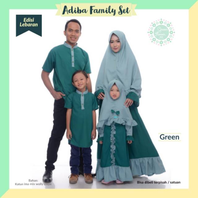 Baju muslim couple keluarga / gamis set koko ayah ibu anak katun polos hijau polos