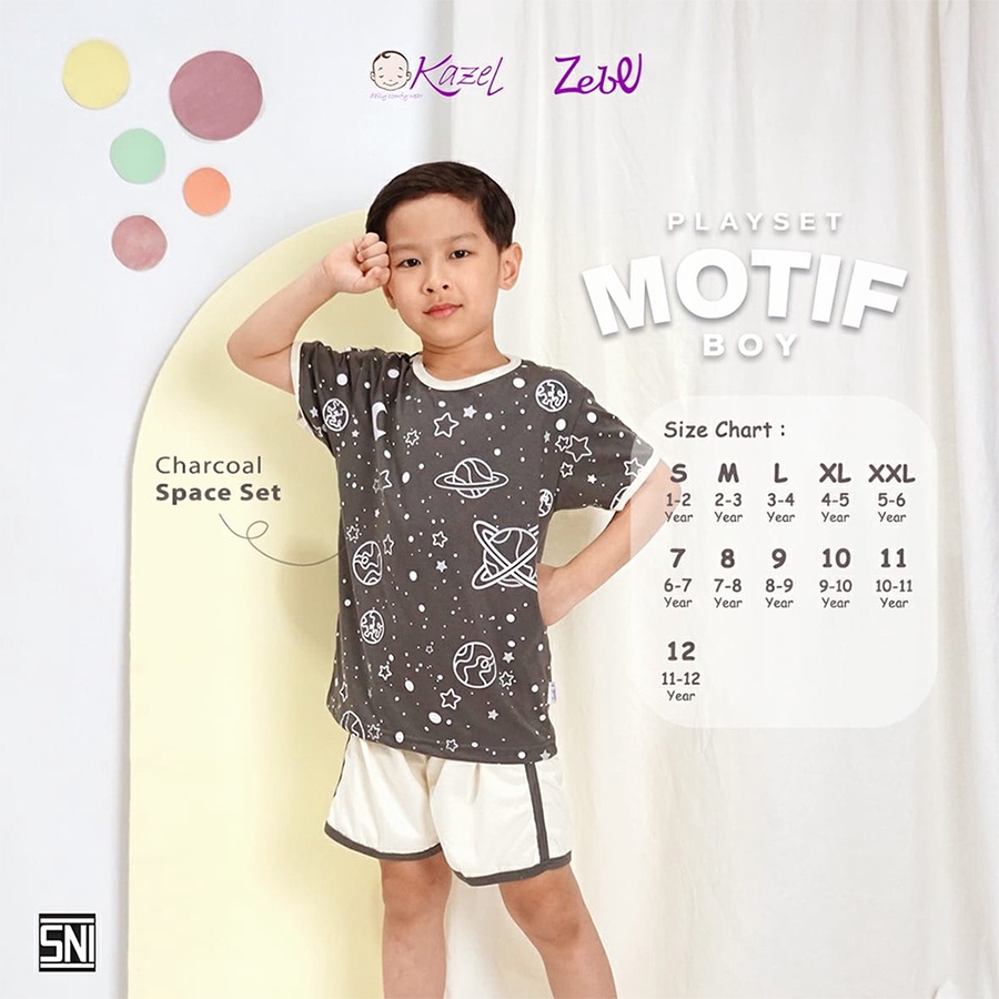 Zebe Playset Motif Boy Charcoal Space Setelan Pendek Baju Anak Laki Laki