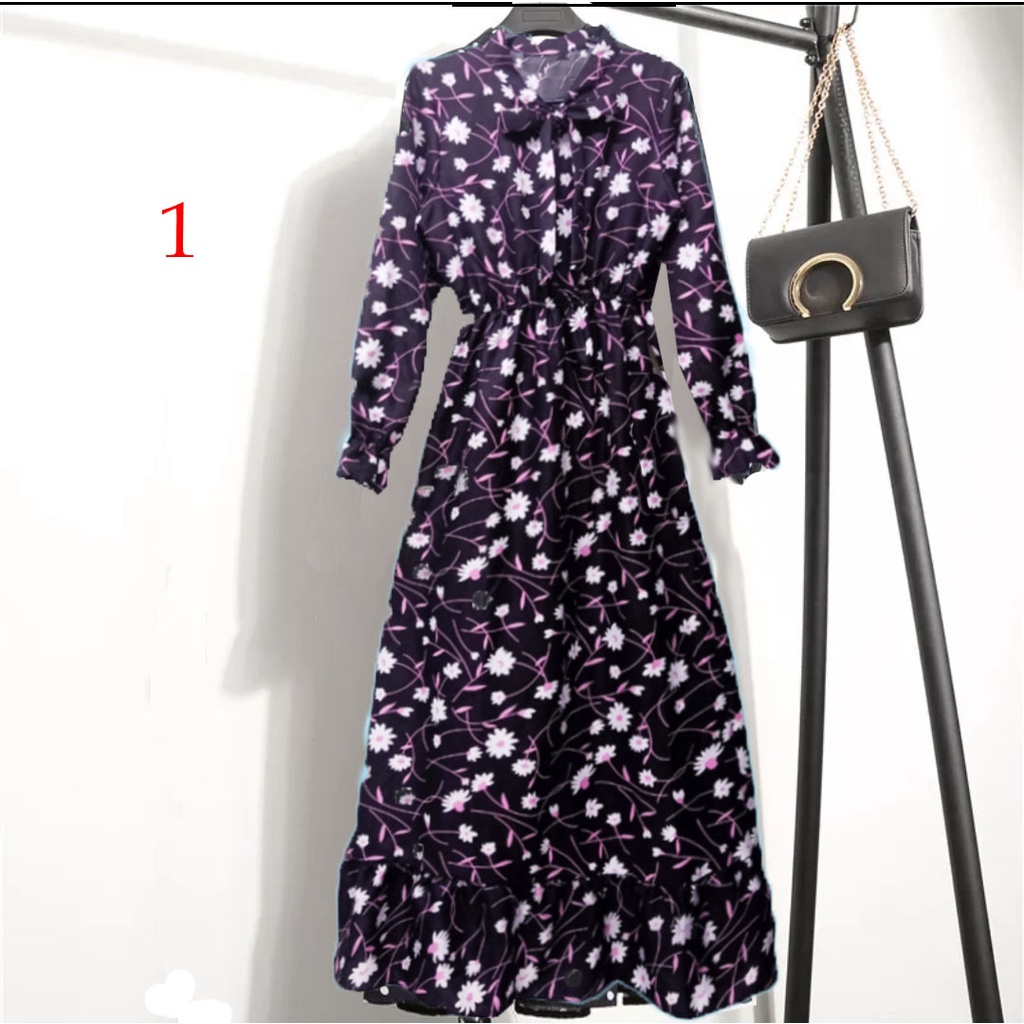 Long Dress Tangan Panjang Wanita Aneka Motif  /Dress Panjang Dewasa Wanita Katun Print 864