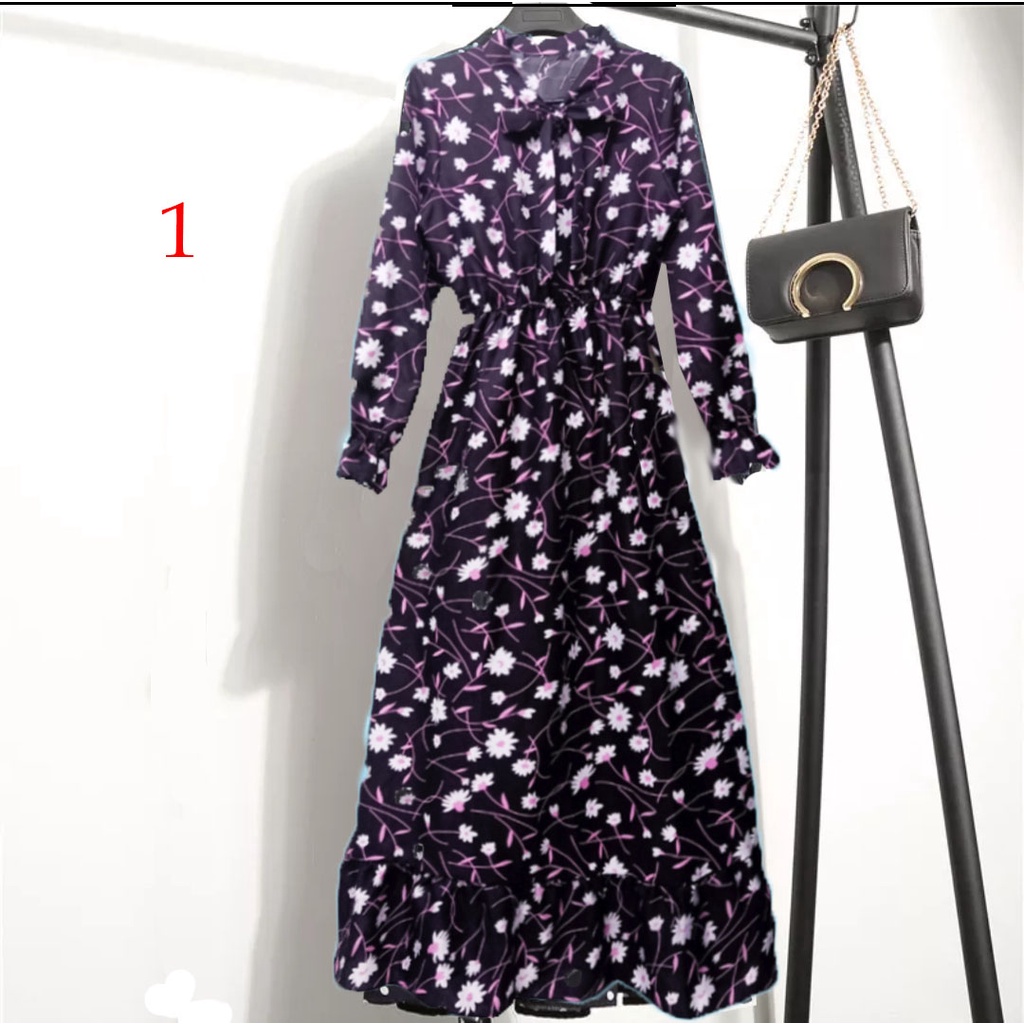 Long Dress Tangan Panjang Wanita Aneka Motif  /Dress Panjang Dewasa Wanita Katun Print 864