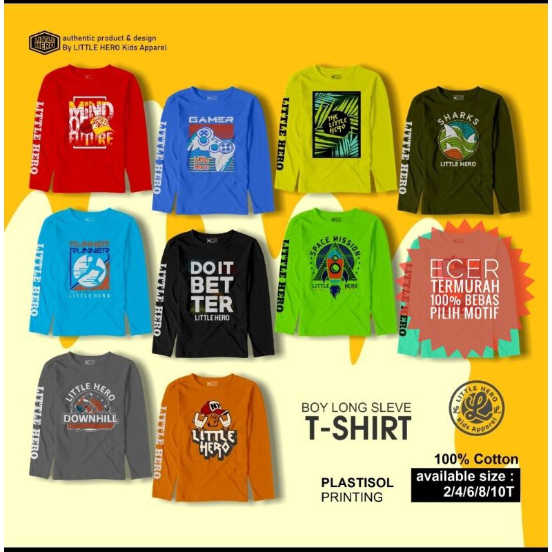 Baju Kaos Anak Laki Laki Cowok Lengan Panjang Little Hero Usia 2 - 8 Tahun