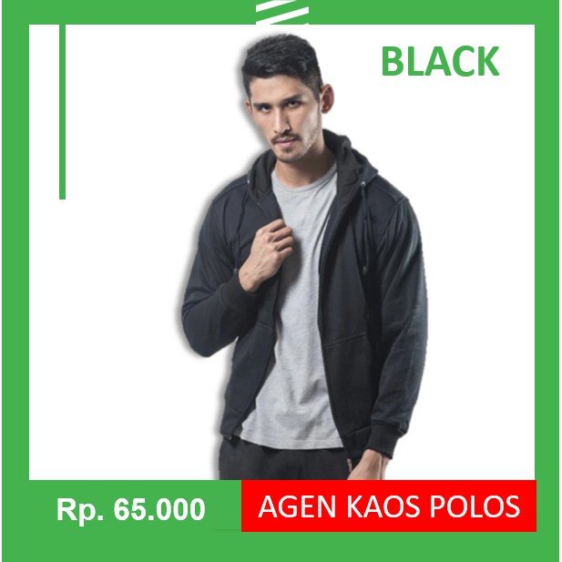 Jaket Sweater Polos Hoodie Zipper/Resleting Hitam - Putih, M