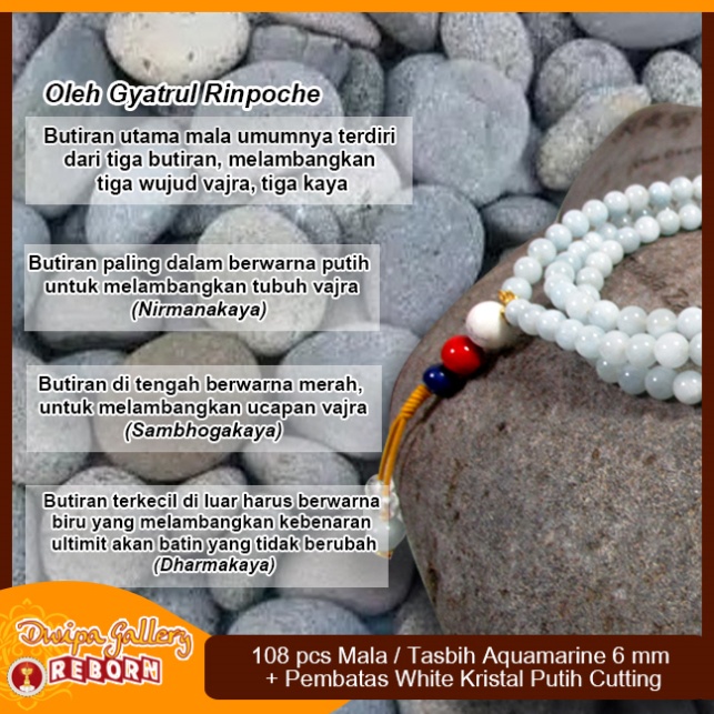 Tasbih / Mala Buddha 108 Batu Aquamarine 6 mm White Kristal Putih Cutt