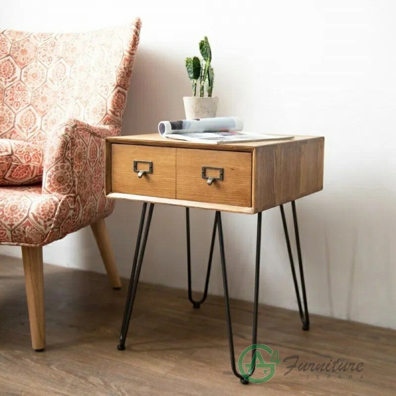 Meja Nakas Modern Haper Rangka Besi Kombinasi Kayu Jati