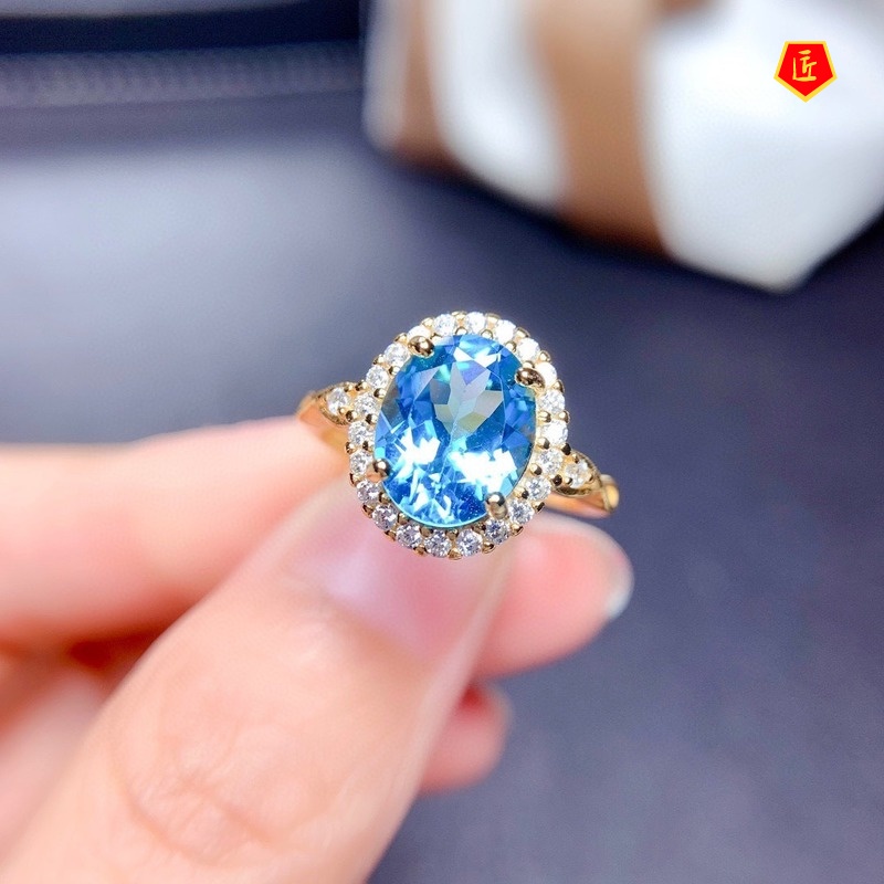 [Ready Stock]Simple Fashion Gold Natural Blue Topaz Ring