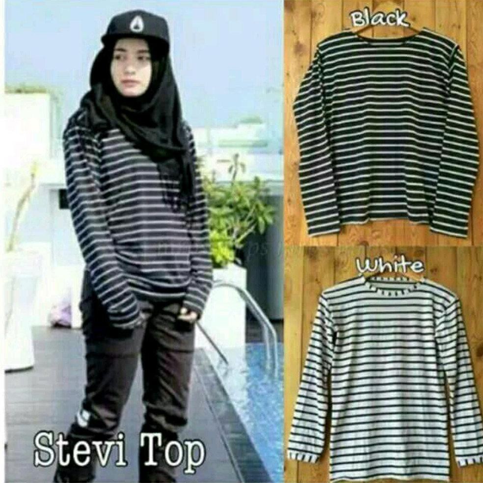 Baju atasan wanita stripe putih hitam muslimah
