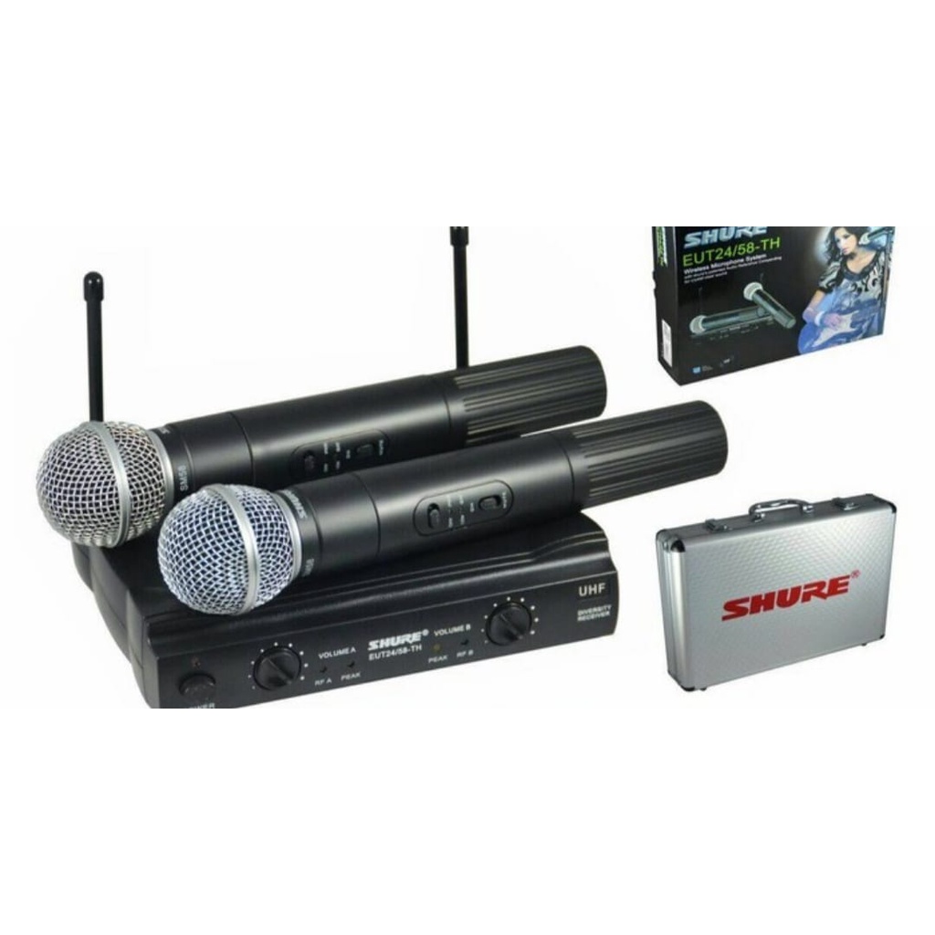 G588 PANGGUNG SHURE MIC HANDLE WIRELESS SEPASANG MIK KOPER BOX DISPLAY SOUNDBEST MICROPHONE PRO VOCAL PROFESIONAL SOUND BEST SISTEM AUDIO PANGGUNG DYNAMIC PENGERAS SUARA JERNIH DAN SENSITIF COCOK UNTUK SEGALA JENIS ACARA PANGGUNG HARGA TERJANGKAU