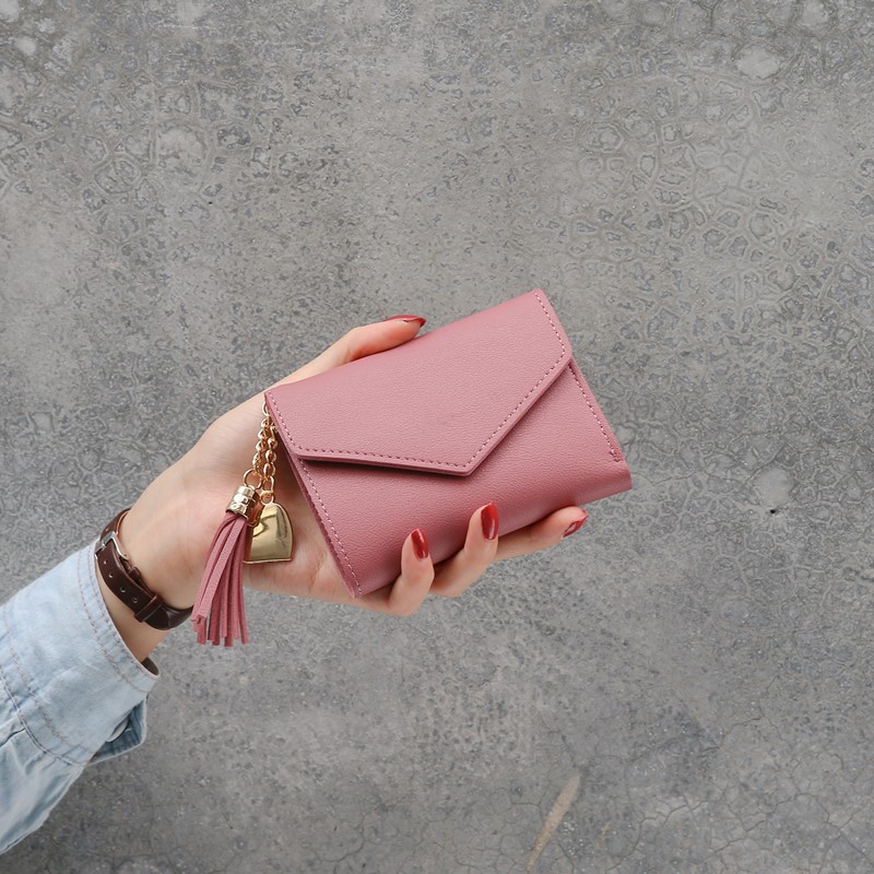 (8 WARNA, 1KG muat 15pcs) Dompet Kecil Polos Lipat Cewek Korea Gantungan GROSIR Lomenia LOD013-Pink Tua