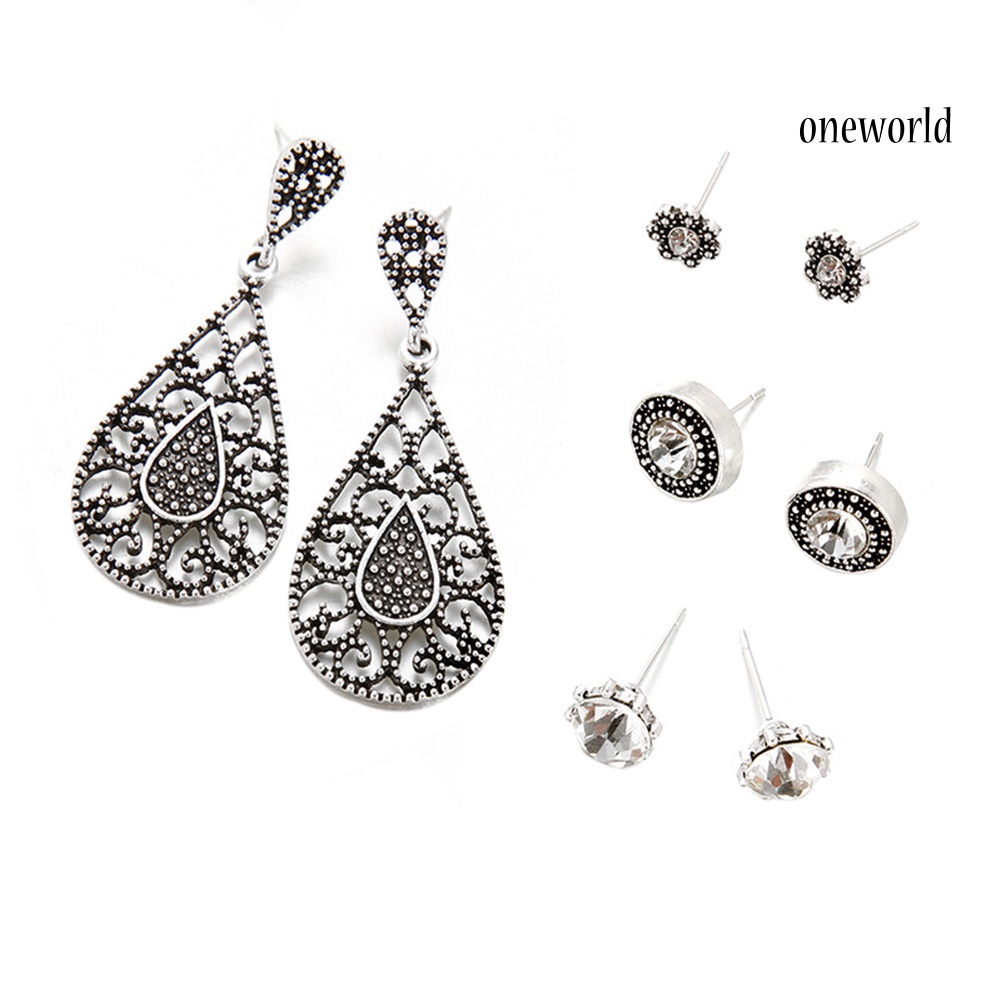 OW@ Boho Antique Silver Retro Hollow Waterdrop Pendant Stud Earrings Jewelry Set