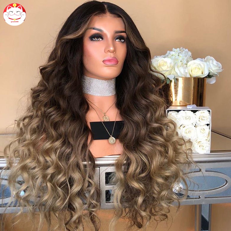 Wig / Rambut Palsu Wanita Model Panjang Keriting Gelombang Bahan Sintetis Tahan Panas Warna Gradasi Hitam / Coklat