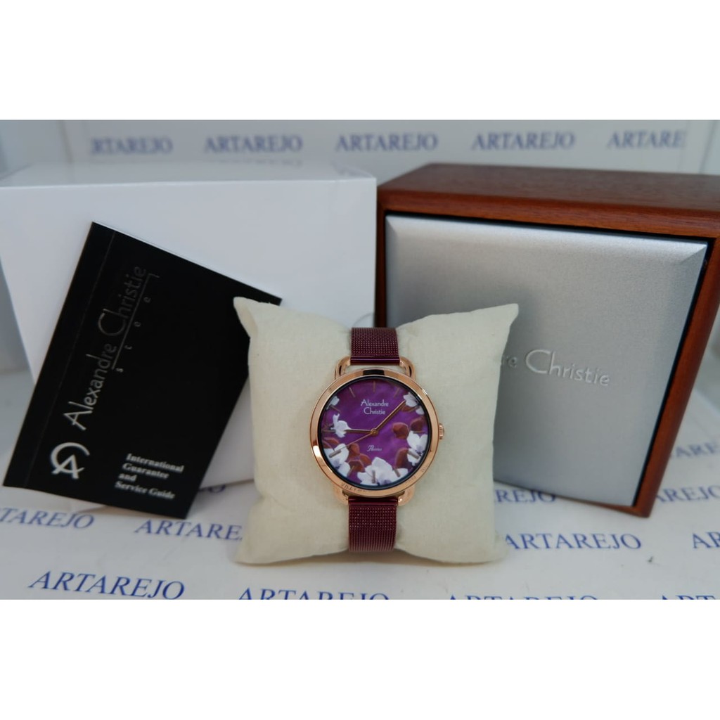 JAM TANGAN WANITA ALEXANDRE CHRISTIE AC 2852 UNGU ROSEGOLD BUNGA