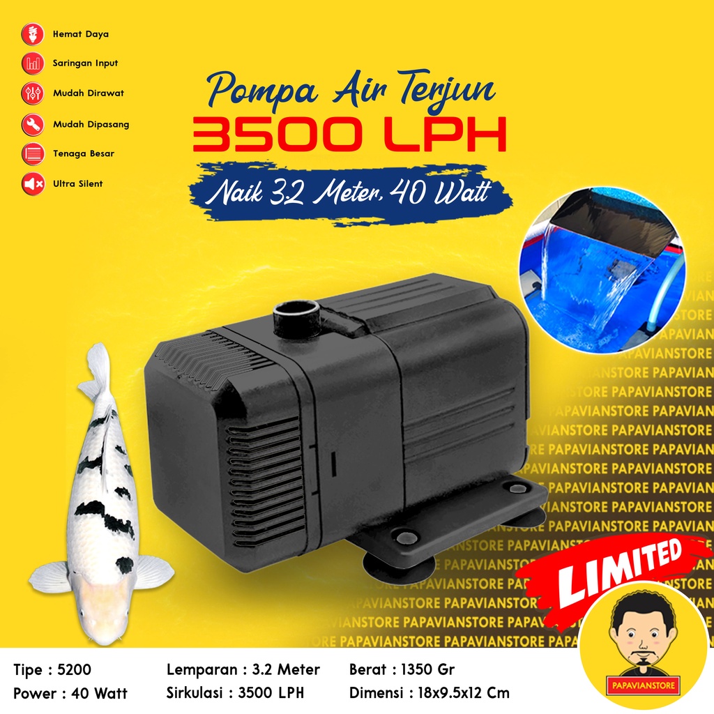 POMPA FILTER KOLAM AQUARIUM 5200 3 METER 40 WATT SUBMERSIBLE CELUP KOLAM IKAN HIAS AQUARIUM LOW WATT