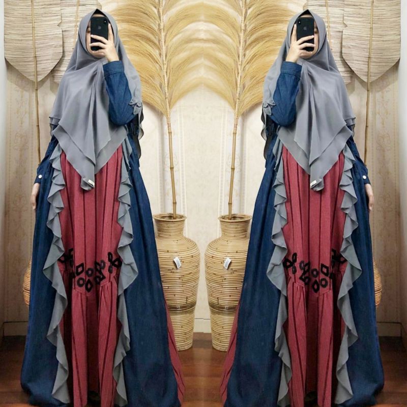 Gamis syari tiara denim casual keren cantik premium butik branded original dcl real pict