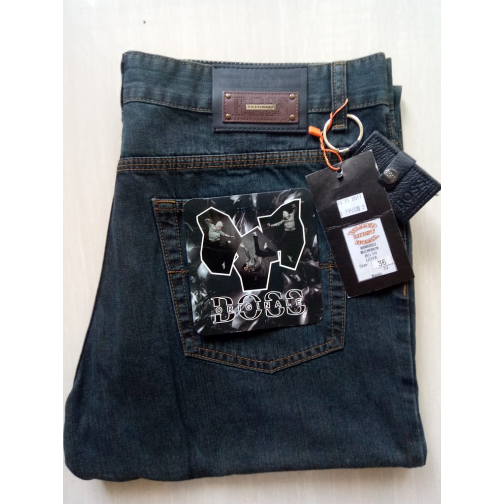  CELANA  PANJANG DENIM MOTIF MERK  BOSS  ORIGINALE WARNA BLUE 