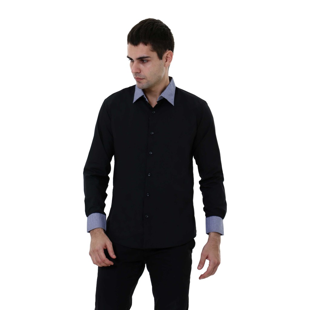 Baju Kemeja Pria Formal Hitam Slim Fit COD