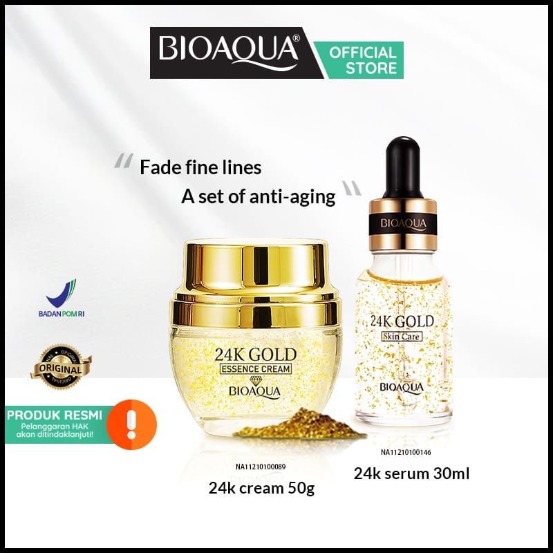 {DS} BIOAQUA 24K Gold Skin Care Set Serum Wajah Brightening 30ML + Essence Cream 50g