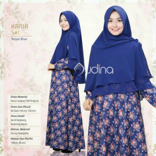 Kania set gamis muslim syari katun Jepang original motif khimar pet ceruty polos busui motif biru