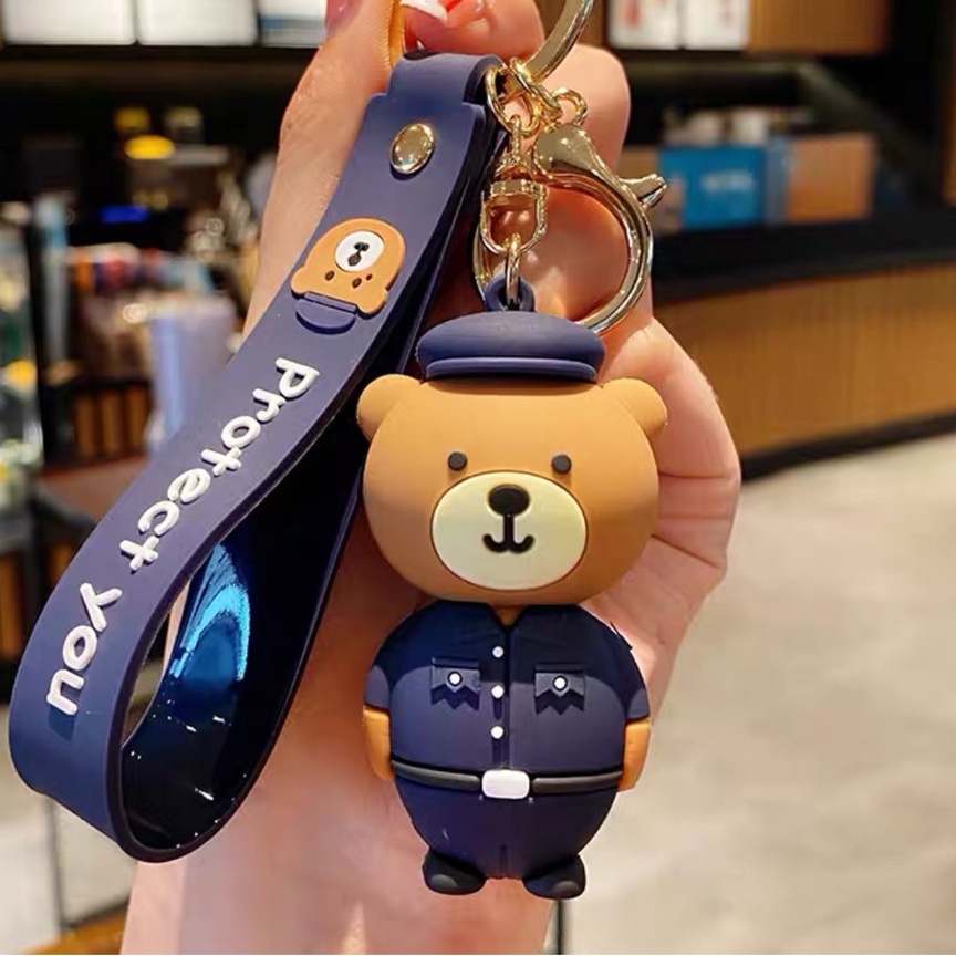 SERBI Keychain Animal Gantungan Kunci Hewan Gantungan Kunci Bentuk Binatang Kartun Seragam keamanan boneka beruang pasangan liontin lucu rantai gantungan kunci Bahan Silikon Tahan Air MBT315