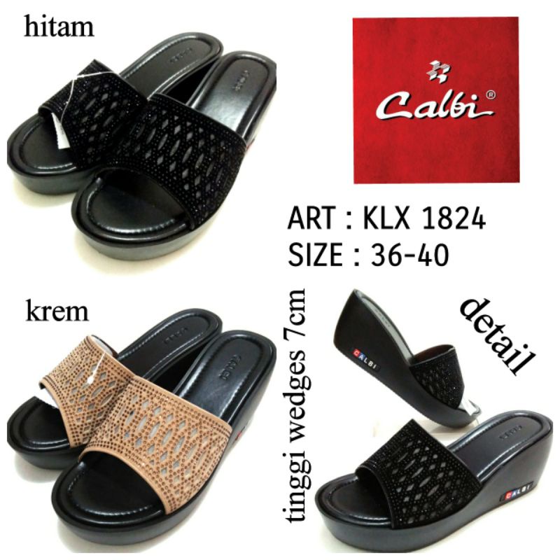 SANDAL SELOP WEDGES WANITA ORIGINAL BY CALBI KLX 1824 WARNA HITAM DAN KREM SIZE 36-40 TERMURAH