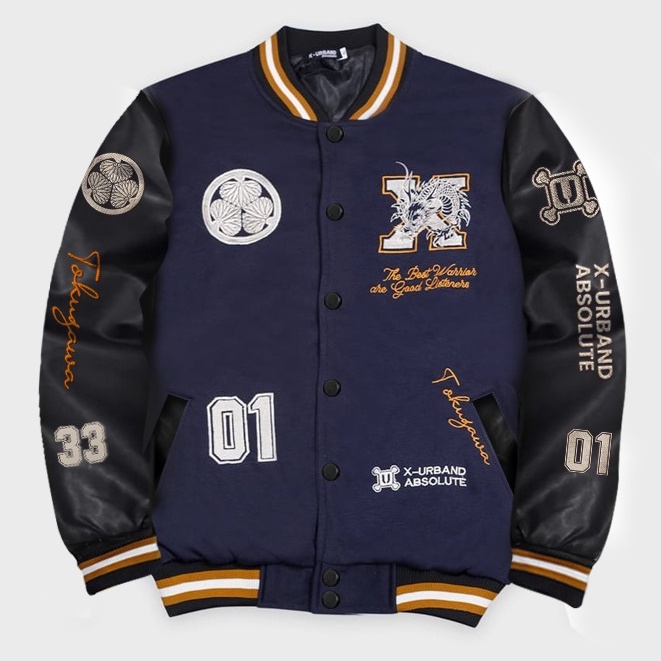 Jaket Baseball Varsity Motif Naga Biru Navy Full Bordir Original Terlaris Pria Wanita Bomber Varsity