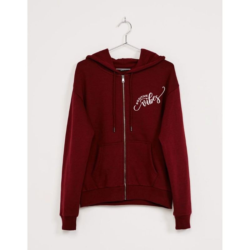 Jaket Hoodie Wanita Atasan POSITIVE VIBES Bahan Babyterry-MAROON