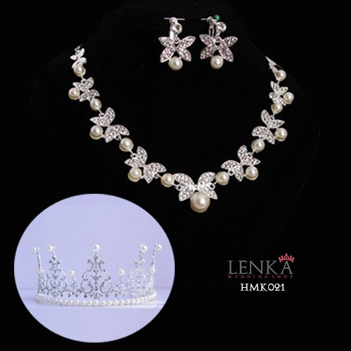 Aksesoris Royal Wedding Modern Paket Crown Kalung Anting Pengantin Lenka - HMK021