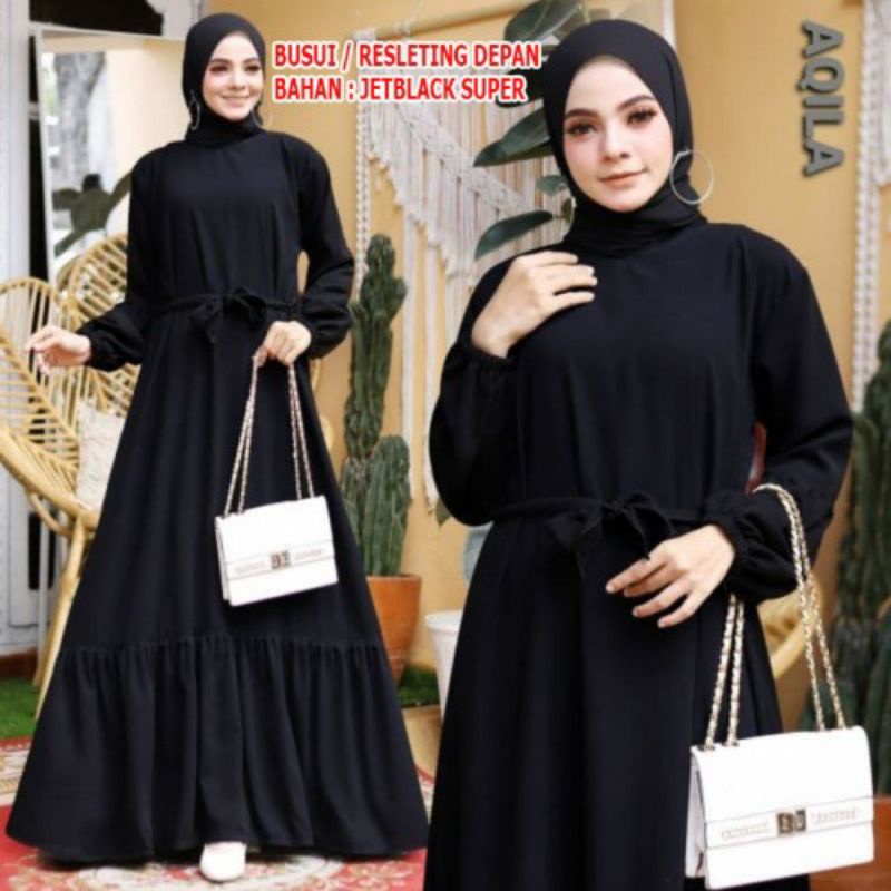 COD Gamis Abaya ARAB HITAM Polos Aqila Busui / Resleting Depan Bahan Jetblack